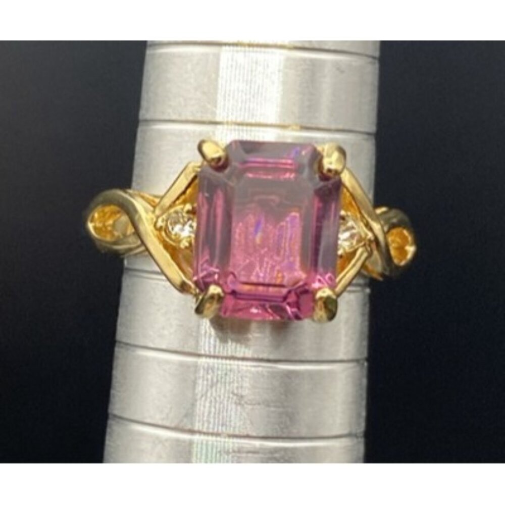 Emerald Cut Amethyst Ring CZ Accent 14k Yellow Gold Plated Size 7 Wt 3 Grams - Picture 5 of 13